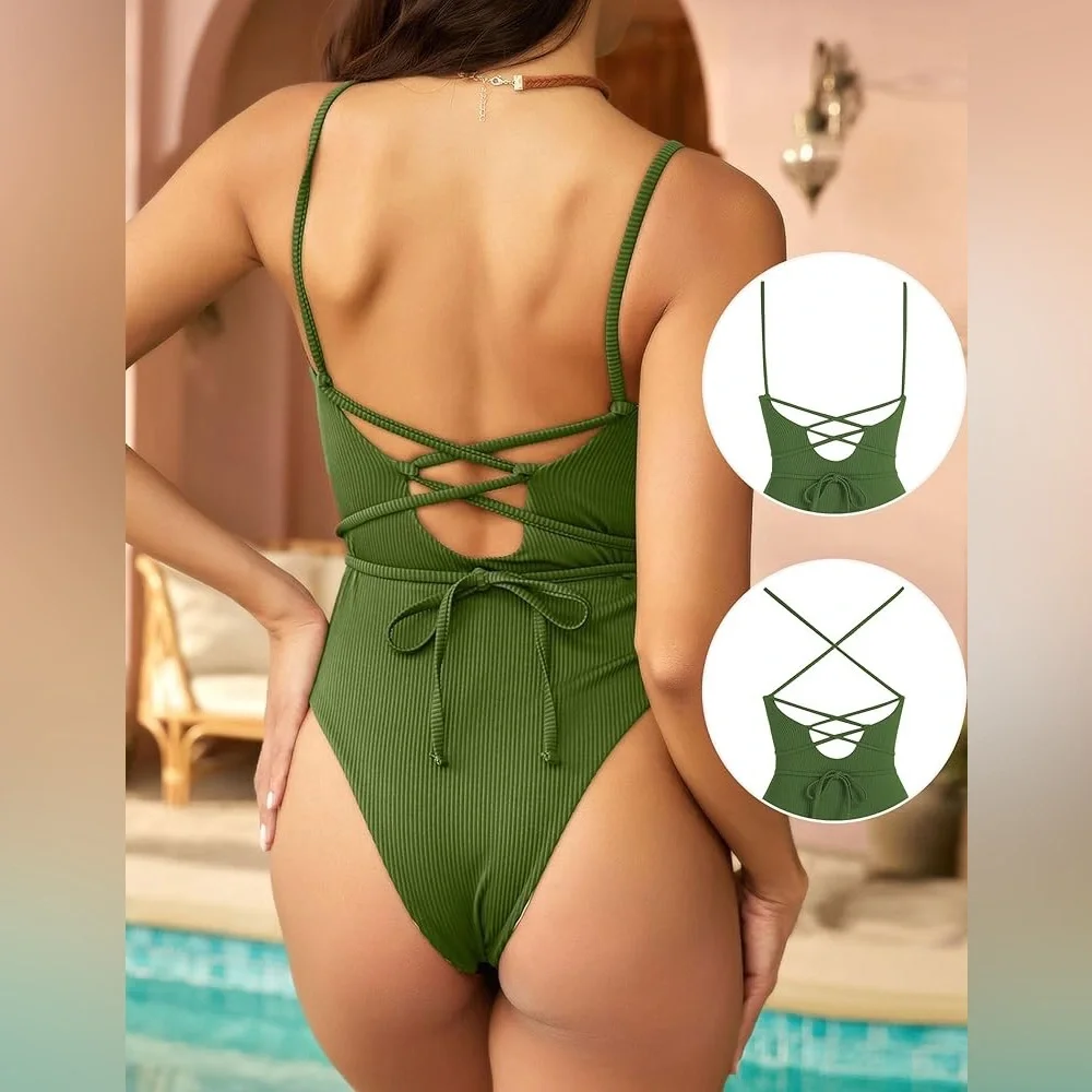 ZAFUL Women's One Piece Swimsuit Lace Up Tie Back Ribbed Fully Lined - Picture 3 of 6